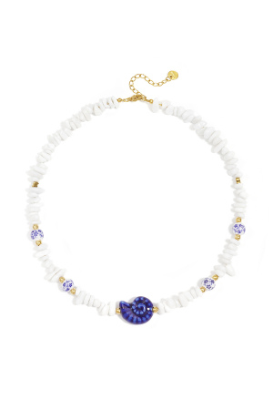 Collier Composé De Perles De Pierre, De Perles Blanches Ornées De Fleurs Bleues Et D'Un Coquillage Décoratif. h5 
