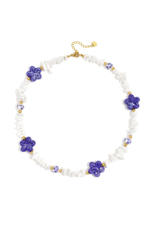 Collier Composé De Perles De Pierre, De Perles Blanches Ornées De Fleurs Bleues Et De Fleurs Décoratives. h5