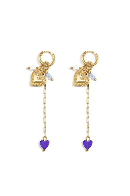 Petites boucles d'oreilles créoles avec longue chaîne, cœur et perles