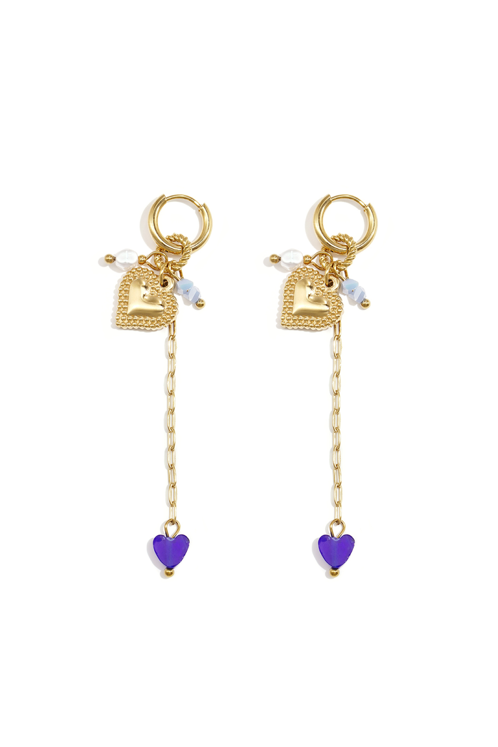 Petites Boucles D'Oreilles Créoles Avec Longue Chaîne, Cœur Et Perles