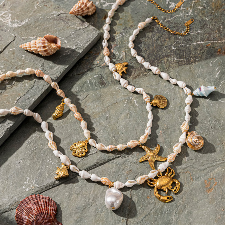 Collier de perles en coquillage couleur or, étanche, en acier inoxydable (1 pièce)