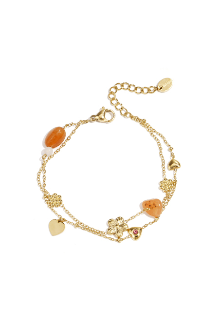 Bracelet à breloques avec perles orange, fleurs et cœurs
