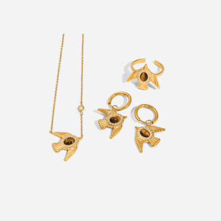 Ensembles de bijoux pour femmes en acier inoxydable, ornés de pierres naturelles et d'oiseaux délicats, imperméables et de couleur dorée.