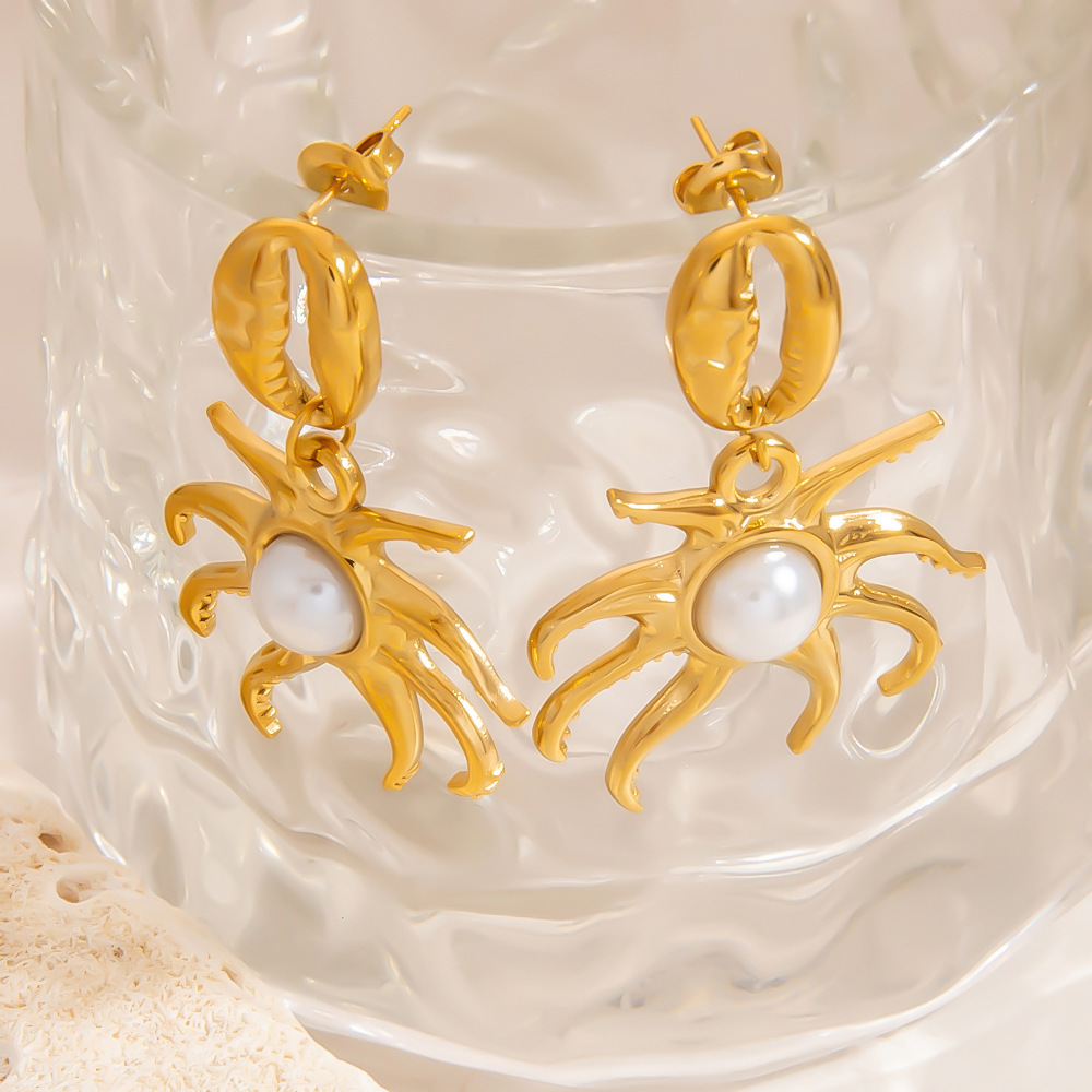 Boucles D'Oreilles Pendantes Pieuvre En Acier Inoxydable Étanche Couleur Or Image7