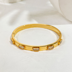 Bracelet Jonc Simple Rectangulaire En Acier Inoxydable, Étanche, Couleur Or, Orné De Zircon, Pour Femme, Collection Luxueuse h5 