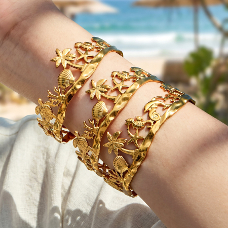 Bracelets manchettes pour femmes en acier inoxydable, couleur or, style coquillage, motif vacances sur l'océan