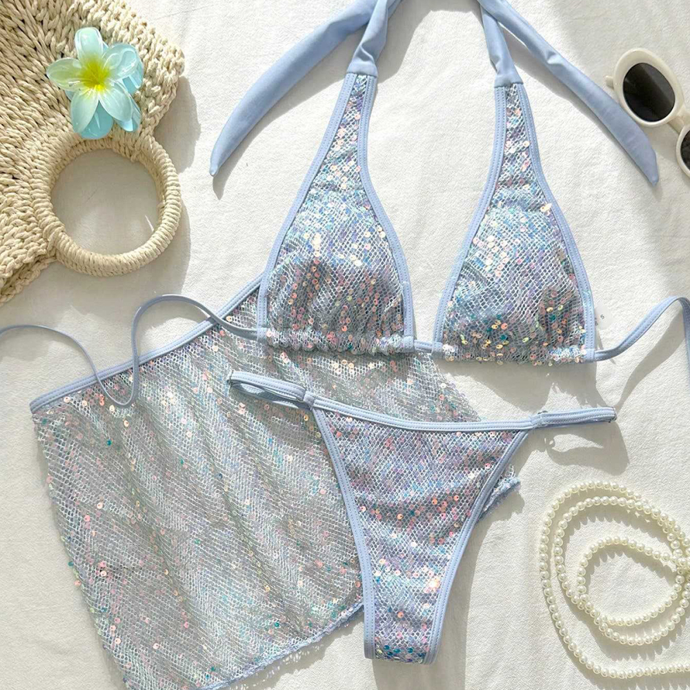 Ensemble Bikini Sexy À Bretelles Et Sequins Pour Les Vacances À La Plage 
