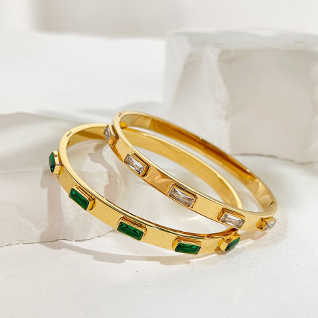 Bracelet jonc simple rectangulaire en acier inoxydable, étanche, couleur or, orné de zircon, pour femme, collection Luxueuse