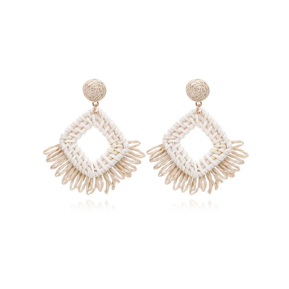 Boucles D'Oreilles Pendantes Rectangulaires En Raphia, Motif Floral Romantique, Collection Vacances, Pour Femmes h5Image2