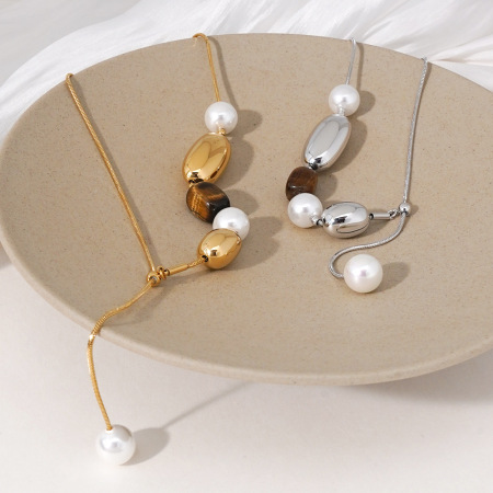 Colliers de perles rétro pour femmes, en acier inoxydable, imperméables, couleur or, avec pierres naturelles et perles.