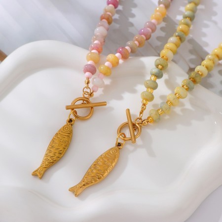 Colliers de perles pour femmes avec pendentif poisson en pierres naturelles et perles de vacances