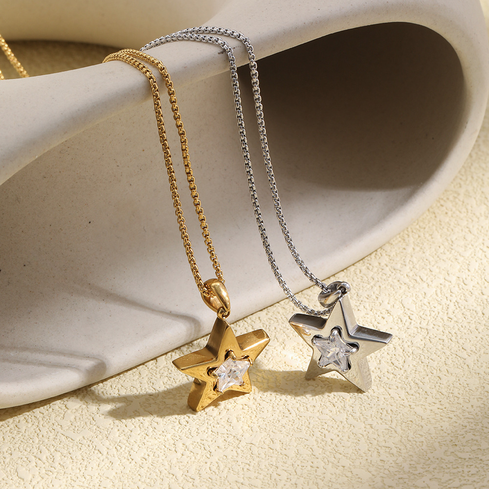 Colliers Pendentifs Pour Femmes En Acier Inoxydable, Couleur Or, Avec Zircon Et Étoile Simple Image3