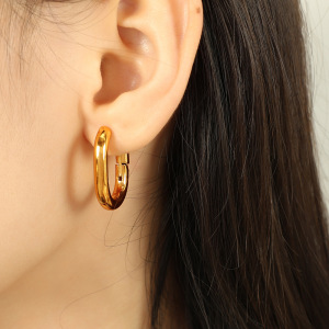 1 Paire De Boucles D'Oreilles Créoles Classiques En Acier Inoxydable Plaqué Or Pour Femme, Série Simple h5