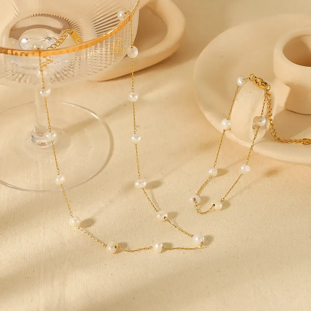 1 Pièce De Collier Chaîne De Perles En Acier Inoxydable Plaqué Or Élégant Et À La Mode Pour Femme À Porter Au Quotidien