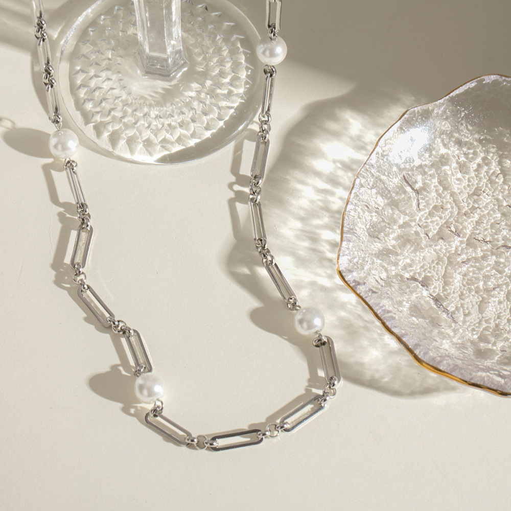Collier Élégant En Acier Inoxydable Plaqué Or Avec Perles Artificielles Pour Femme, Série Simple, Élégant Et Géométrique