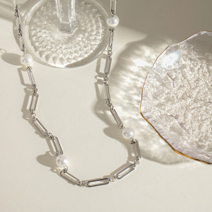 Collier Élégant En Acier Inoxydable Plaqué Or Avec Perles Artificielles Pour Femme, Série Simple, Élégant Et Géométrique h5