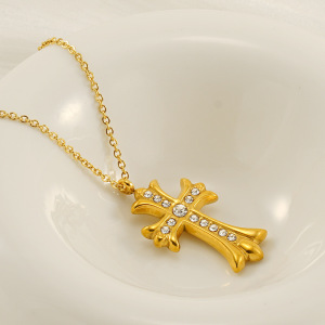 Collier Avec Pendentif Croix Simple En Acier Titane Plaqué Or Et Strass Pour Femme, Série Simple, 1 Pièce h5