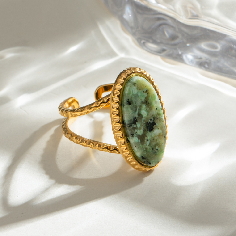 Bague Rétro En Acier Inoxydable Avec Pierre Naturelle Et Pierres Précieuses