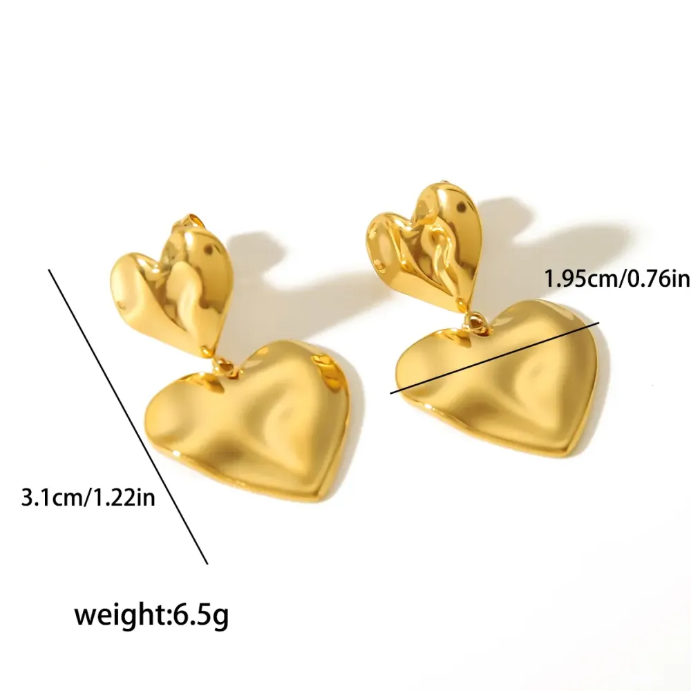 1 Paire De Boucles D'Oreilles Pendantes Double Amour Martelées En Acier Inoxydable Plaqué Or  Exquises Et À La Mode Pour Bijoux Pour Femmes À Porter Au Quotidien Image2