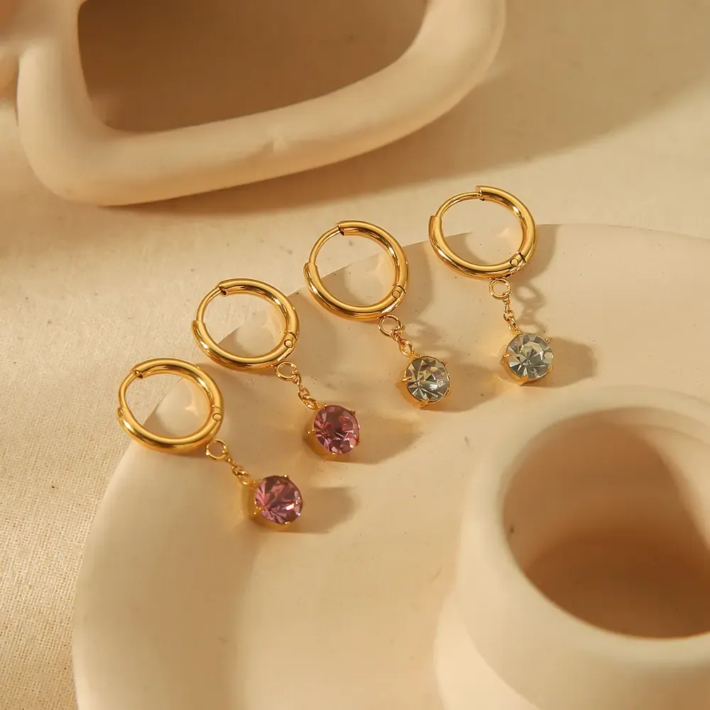 1 Paire De Boucles D'Oreilles Pendantes En Acier Inoxydable Plaqué Or , Simples Et Élégantes, Serties De Griffes De Diamants Ronds Pour Bijoux Pour Femmes À Porter Au Quotidien 