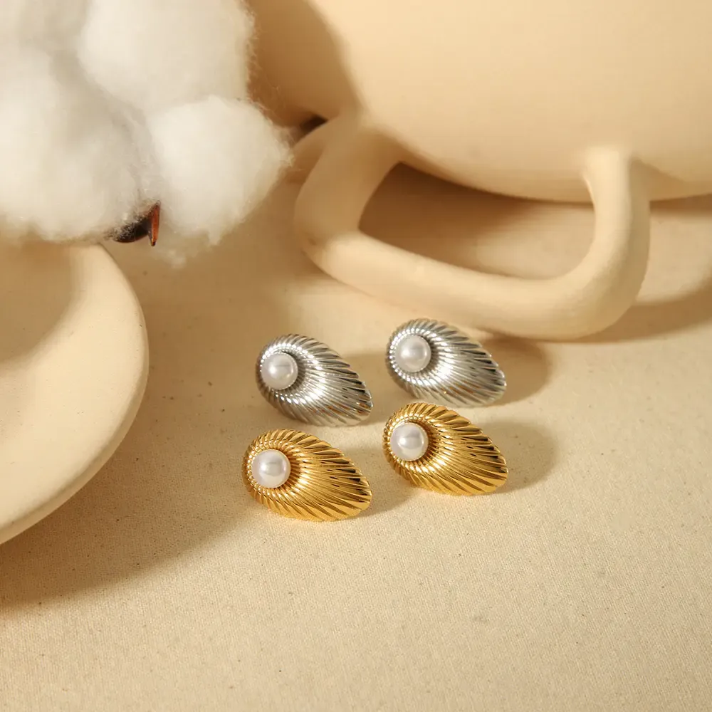 1 Paire De Boucles D'Oreilles À Tige En Acier Inoxydable Plaqué Or , Élégantes Et Stylées, À Rayures Métalliques Et Perles, Pour Femmes, Bijoux À Porter Au Quotidien 