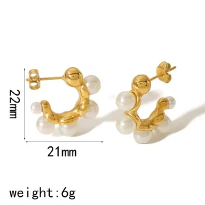 1 Paire De Boucles D'Oreilles Élégantes Et À La Mode En Acier Inoxydable Plaqué Or  Avec Perles Et Pierres Précieuses Pour Femmes À Porter Au Quotidien h5 Image2