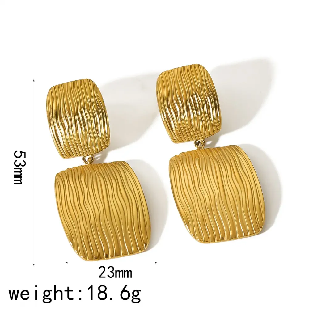 1 Paire De Boucles D'Oreilles Pendantes Carrées Géométriques À Texture Rayée En Acier Inoxydable Plaqué Or  À Personnalité Exagérée, Adaptées Au Port Quotidien Des Femmes Image2