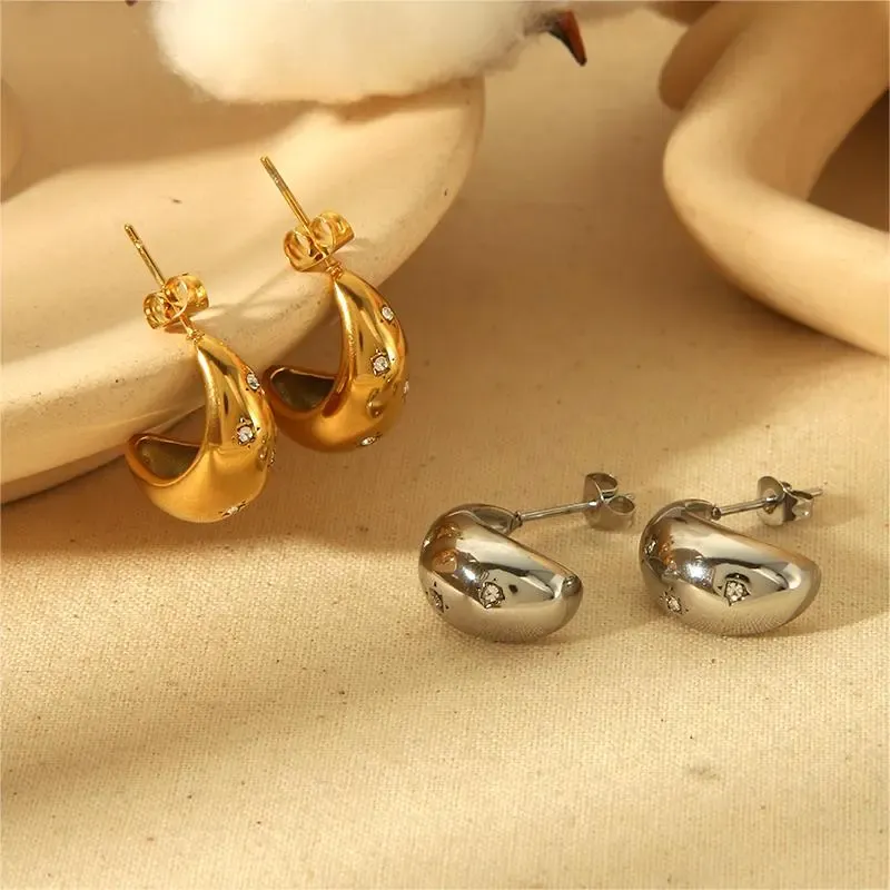 1 Paire De Boucles D'Oreilles Simples Et Individuelles En Acier Inoxydable Plaqué Or Avec Des Points Géométriques Creux En Forme De Goutte D'Eau En Diamant Pour Un Usage Quotidien Pour Les Femmes