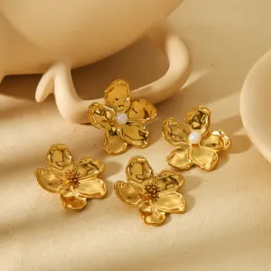 1 Paire De Boucles D'Oreilles Personnalisées En Acier Inoxydable Plaqué Or En Forme De Fleur Martelée Pour Un Usage Quotidien Pour Femme h5