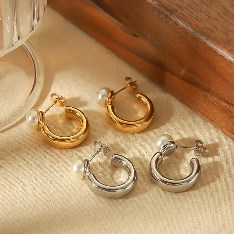 1 Paire De Boucles D'Oreilles À Tige Géométriques Simples En Acier Inoxydable Plaqué Or Avec Perles Artificielles Pour Femmes