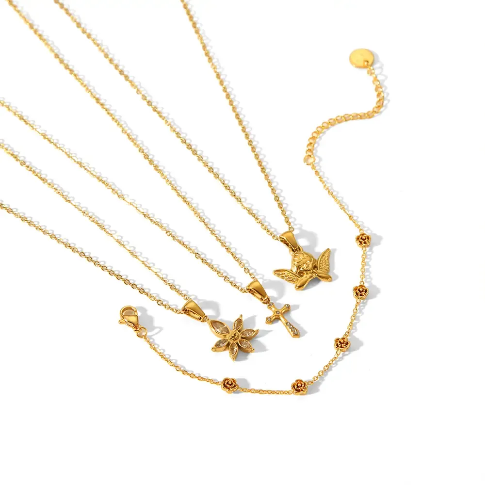 1 Paire De Colliers Exquis Et À La Mode En Acier Inoxydable Plaqué Or  Avec Pendentif En Forme De Croix D'Ange Et De Fleur Pour Bijoux Pour Femmes À Porter Au Quotidien 
