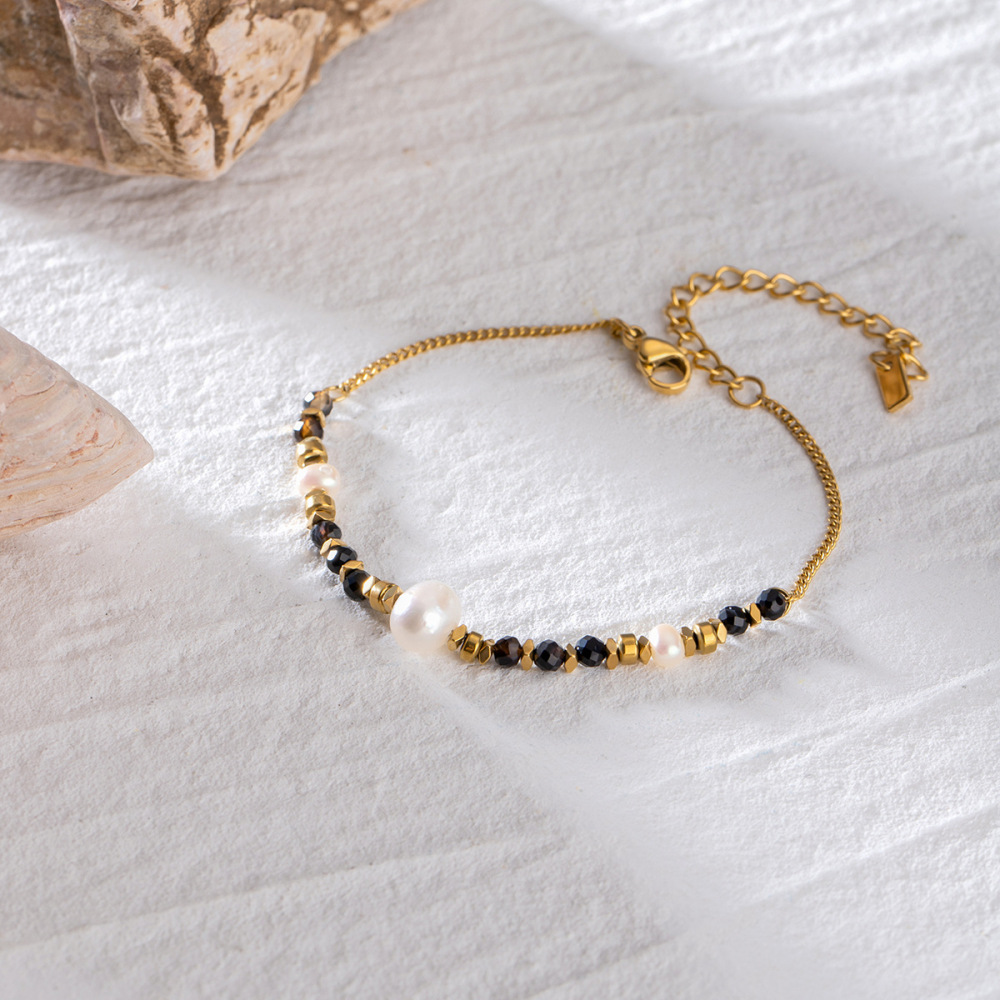 Bracelet À Breloques Pour Femme, Série Simple, Perles Élégantes, En Acier Inoxydable Plaqué Or , Pierre Naturelle