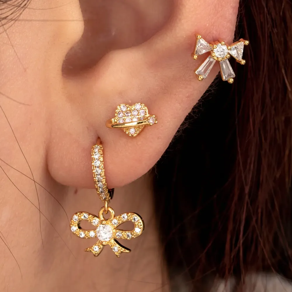 Boucles D'Oreilles Piercing Femme Simple Series Classic Bow Knot En Cuivre Sans Plaquage, Ornées De Zircon Image2