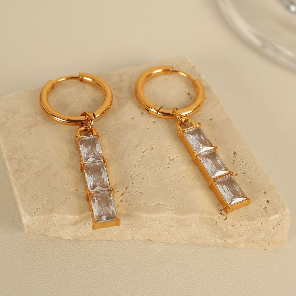 1 Paire De Boucles D'Oreilles Pendantes Géométriques Classiques En Acier Titane Plaqué Or  Et Zircon Pour Femmes 