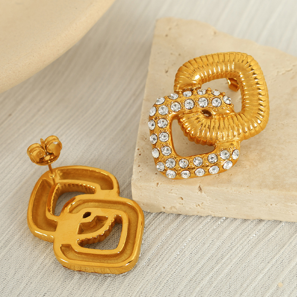 1 Paire De Boucles D'Oreilles Puces Pour Femme, Style Rétro Géométrique Classique, En Acier Inoxydable Plaqué Or Et Strass. 