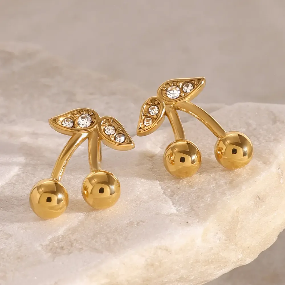 1 Paire De Boucles D'Oreilles À Tige En Acier Inoxydable Plaqué Or  Et Zircon Pour Femme, Série Simple Sweet Plant 