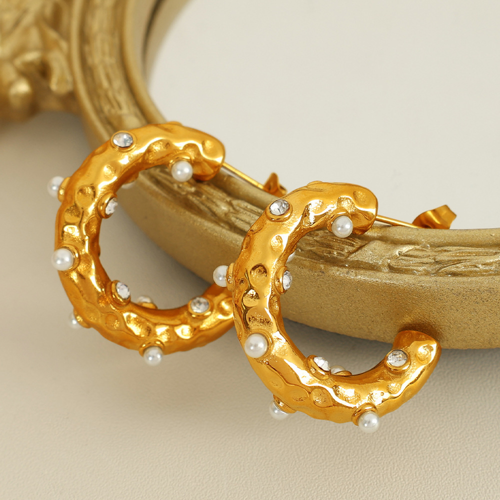 1 Paire De Boucles D'Oreilles Puces Pour Femme, Collection Rétro Géométrique De Luxe, En Acier Inoxydable Plaqué Or Et Strass. 