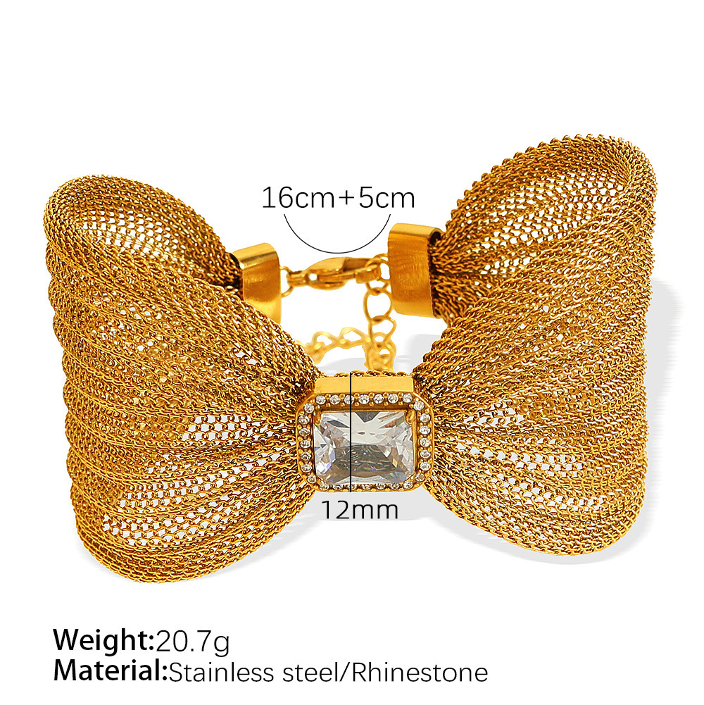 Bracelet Rétro En Acier Inoxydable Plaqué Or  Avec Nœud Papillon Et Zircon Pour Femme, Série Classique, 1 Pièce 