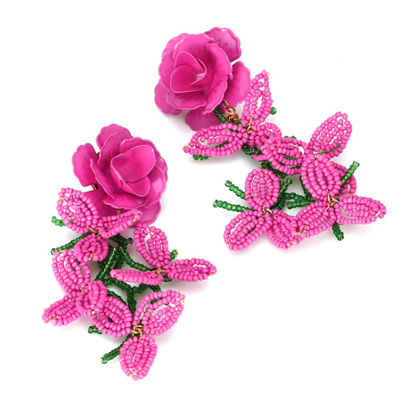 Boucles d'oreilles à pompons floraux et perles surdimensionnées (1 paire)