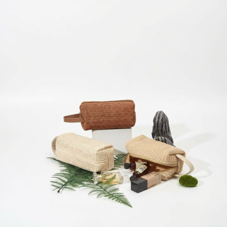 Trousses à maquillage pour femmes en raphia tissé naturel
