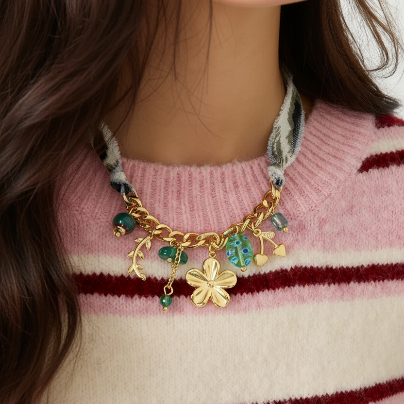 Collier Pendentif En Acier Inoxydable Étanche Couleur Or Avec Motif De Cerisier Image2