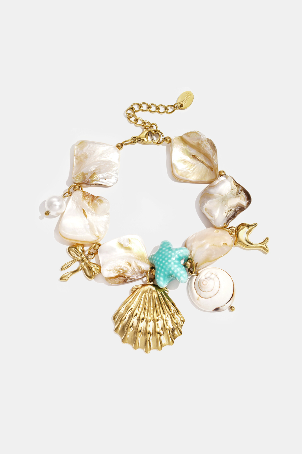 Bracelet Orné De Coquillages, De Breloques Marines Et De Perles Dorées Et Bleues. Image2