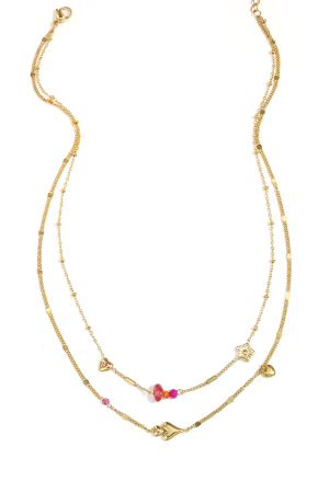 Collier Double Orné De Cœurs, De Perles Et De Fleurs h5 