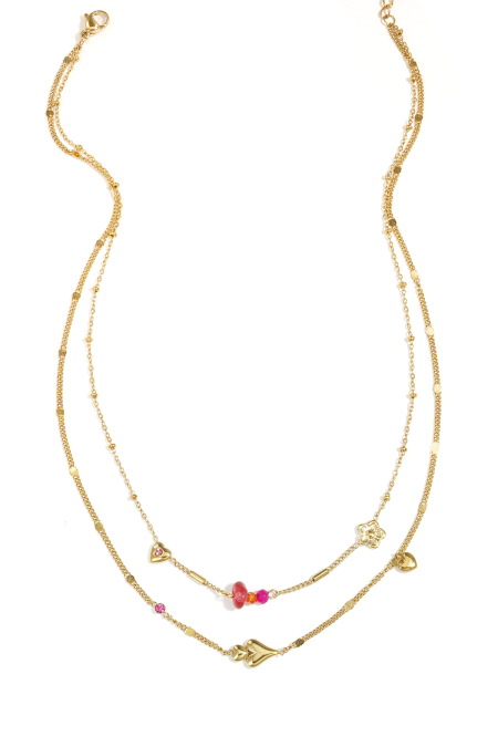 Collier double orné de cœurs, de perles et de fleurs