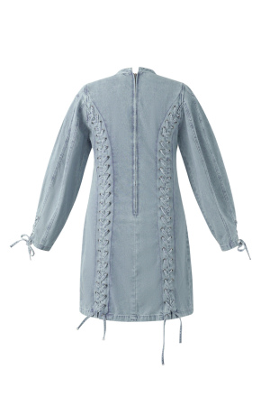 Cotton Woven Denim Dress Elegant Tie-Up Solid Color h5 Image3