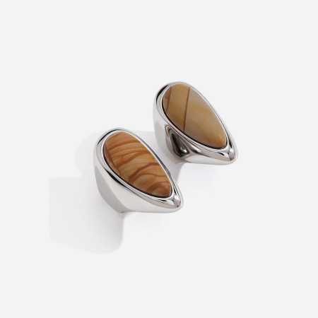 Bagues tendance décontractées en acier inoxydable argenté avec motif goutte en pierre naturelle texturée et pierre naturelle.