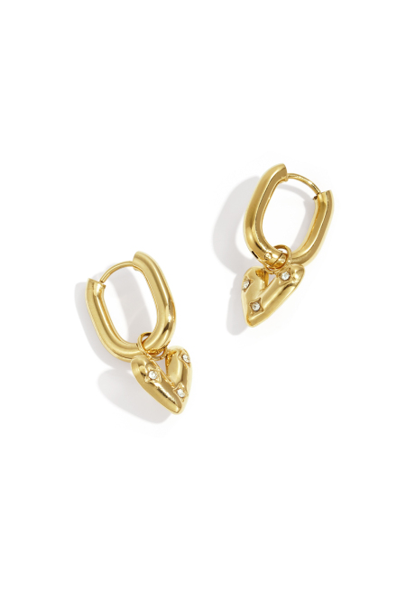 Boucles d'oreilles créoles rectangulaires avec un cœur pendant orné de pierres