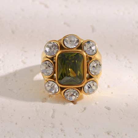 Bague pour femme, 1 pièce, de luxe, rectangulaire, en acier inoxydable, étanche, couleur or, ornée d'un zircon.
