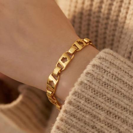 Bracelets à maillons pour femmes en acier inoxydable doré ajouré avec motif floral
