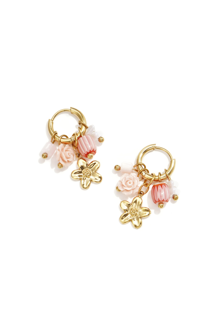 Petites boucles d'oreilles créoles avec pendentif fleur, perles et rose